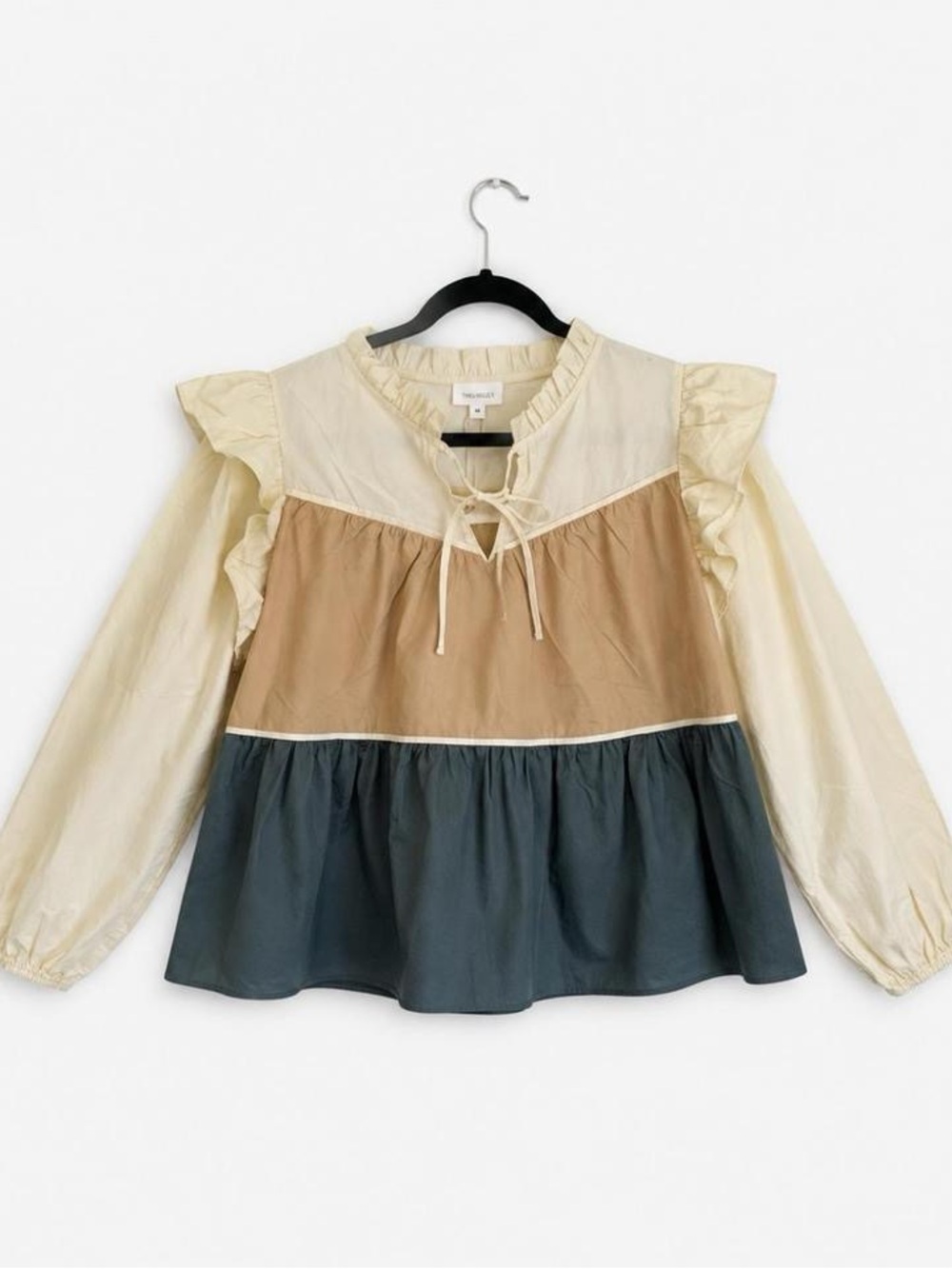 NWT Love Colorblock Ruffle Blouse - Cream, Tan & Slate Blue